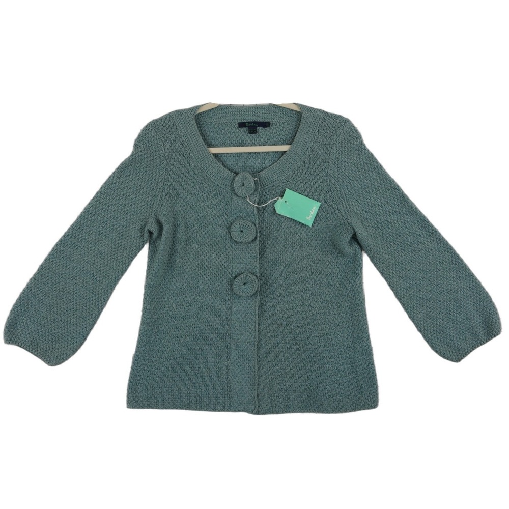 Boden Cardigan Sweater Women's Size 12 Teal Blue Cashmere Angora Rosette Buttons